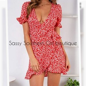 ⭐🆕 Flirty Red floral wrap ruffle hem dress